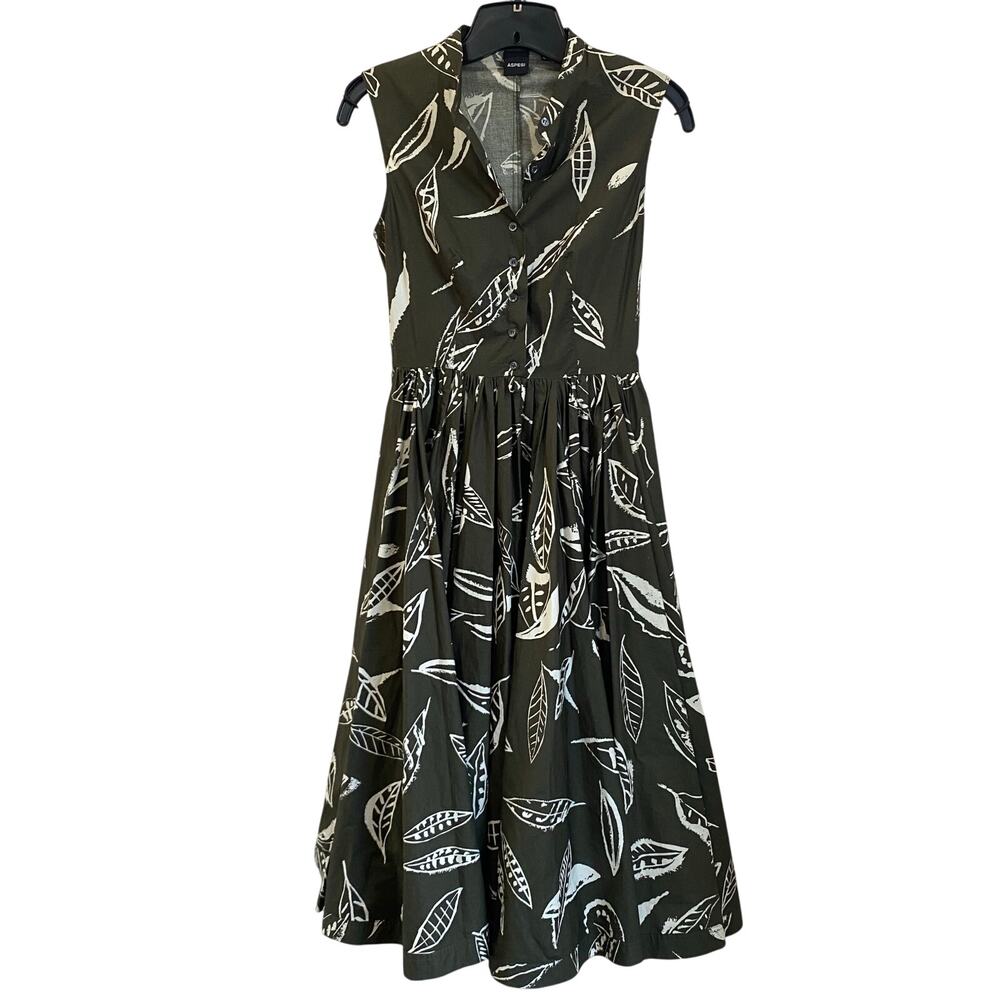 Aspesi Green Leaf Print Midi Dress A Line Italian Designer Chic Size 40
